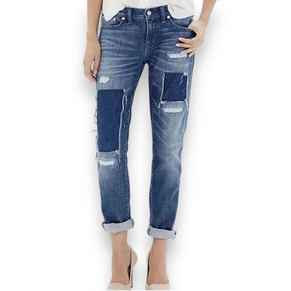 Madewell Slim Boyfriend Jean distressed patchwork raw hem blue denim size 24 - Picture 1 of 13